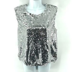Marc New York silver sequin sleeveless top blouse NEW elastic waist shoulder pad